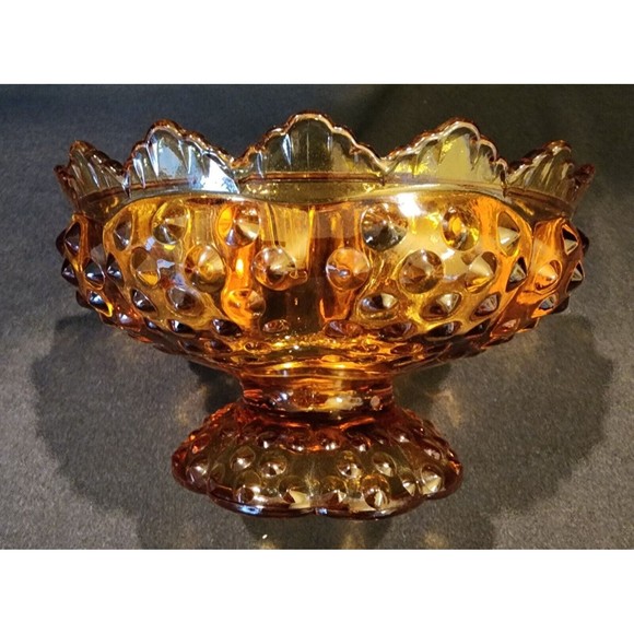 Vintage Amber Glass Hobnail Pedestal Candle Holder Bowl - Picture 2 of 5